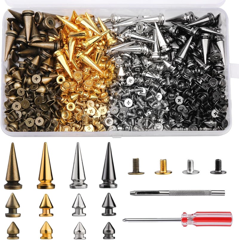 QMNNMA 240 Sets Punk Spikes and Studs Kit, 4 Colors Cone Spikes, 3 Sizes Metal Tree Spikes Screwback Studs for DIY Leathercraft and Punk Style Clothing Accessories - Image 1